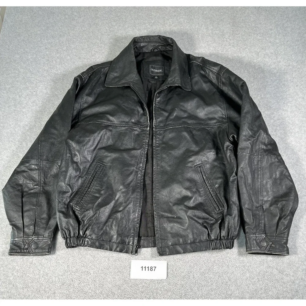 Vintage Biker Jacket Outbrook Mens Large Black Genuine Leather
